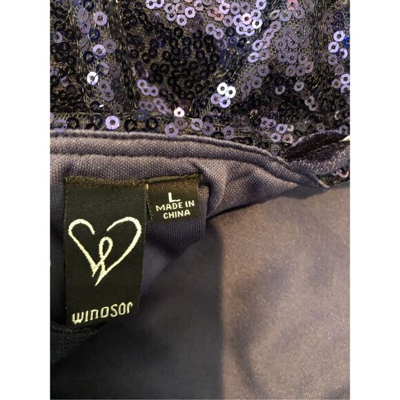 Windsor Women’s Navy Blue Sequin and  Velvet One Shoulder Elegant Large Slit Dre - Picture 9 of 9